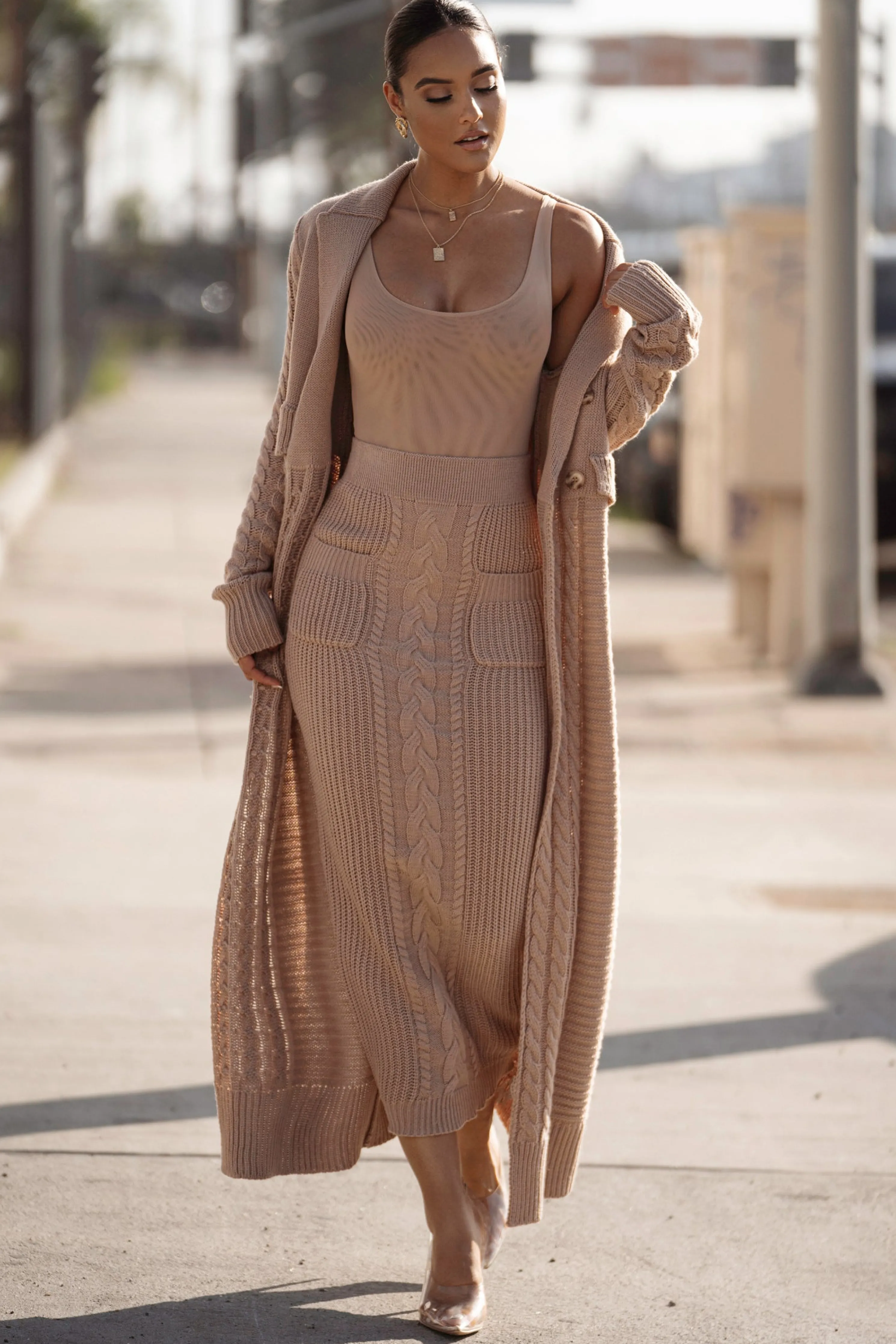 Tan Missy Cable Sweater Midi Skirt