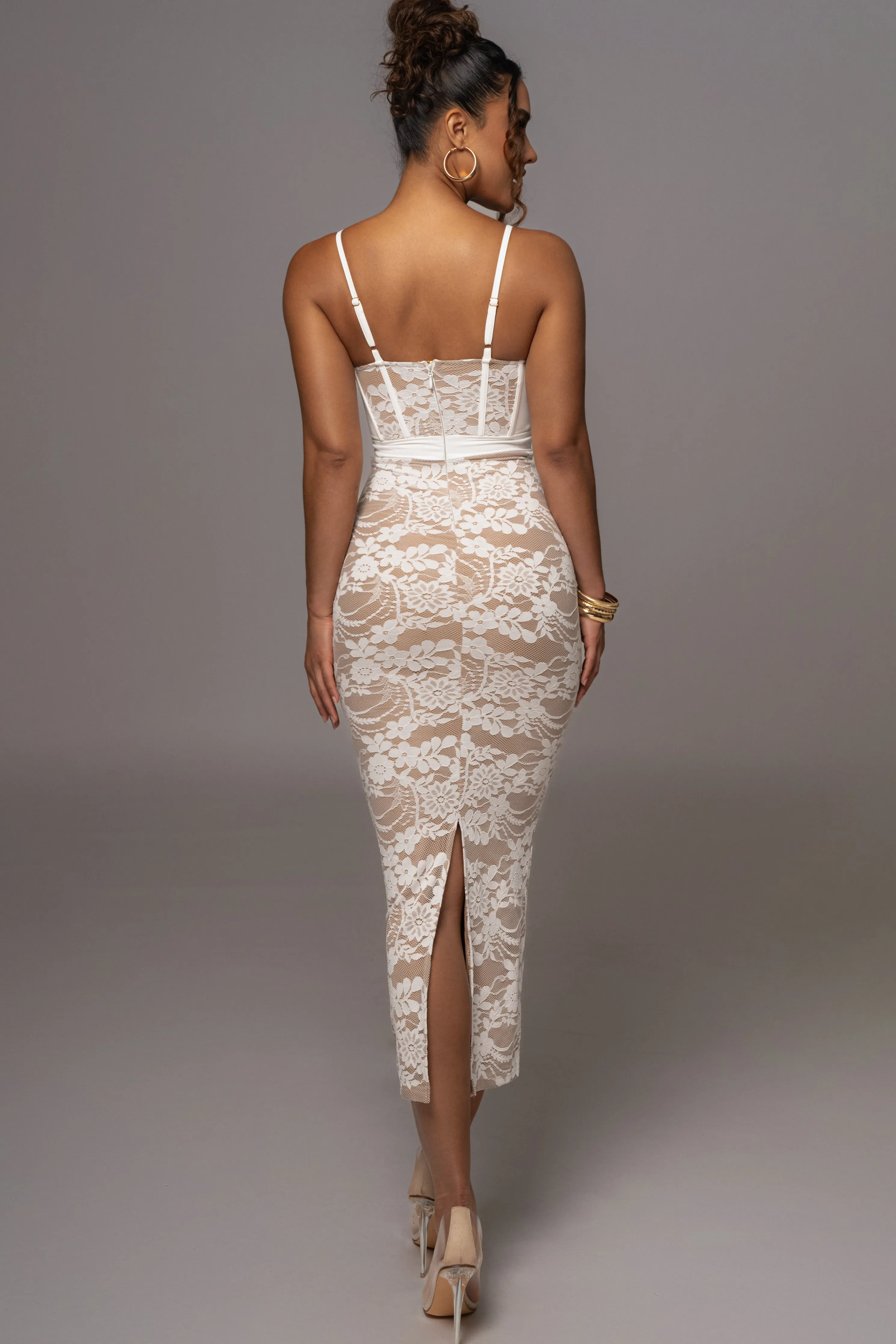 White Mesh and Lace Bustier Midi Dress