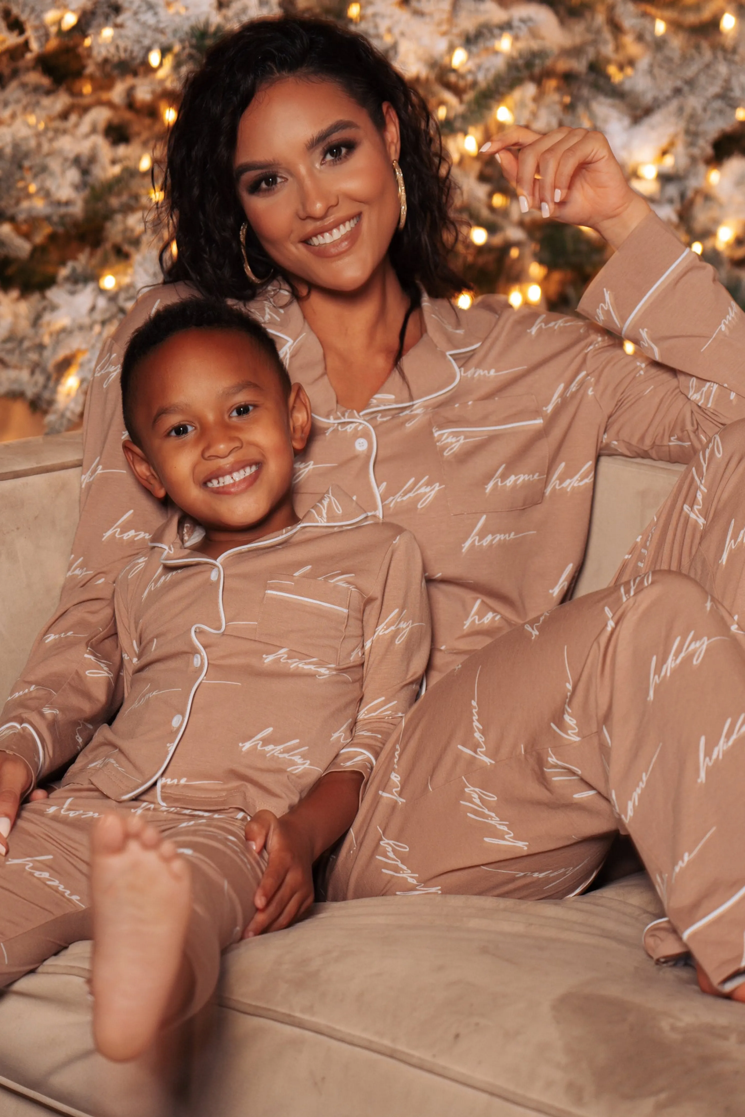 White/Tan Home For The Holiday Adult Pajama Set